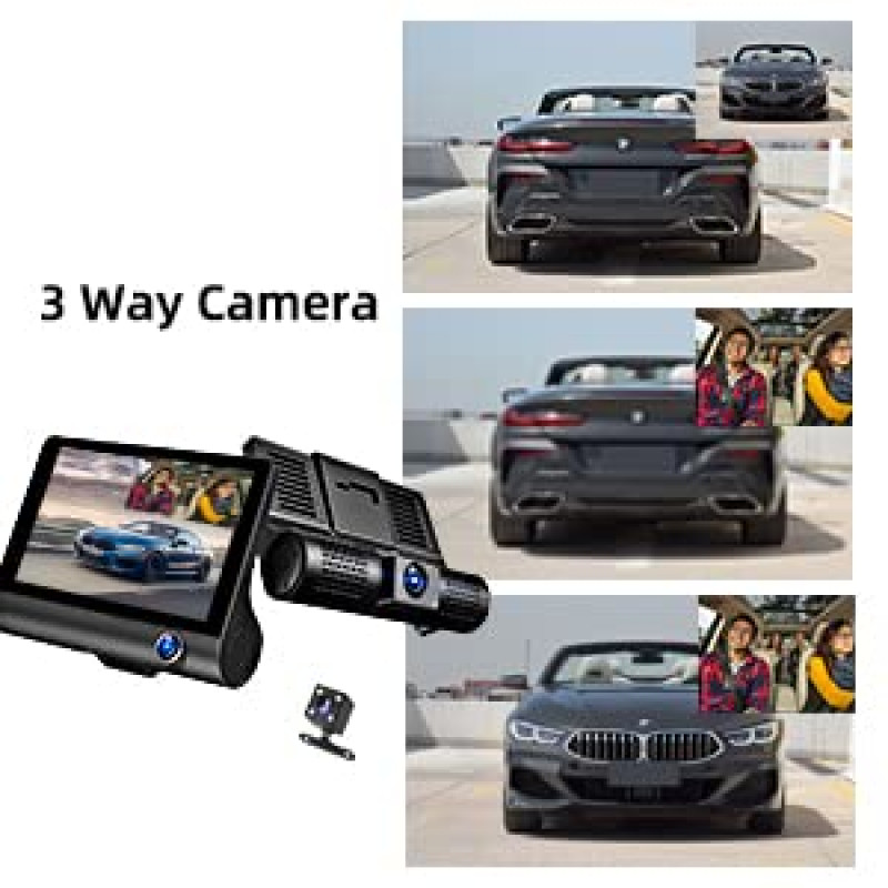 AUSHA -Three Way Car Dashboard Cam ( Front + Inside+ Rear) ;1080P Full HD  Dash Camera for Cars with G-Sensor.