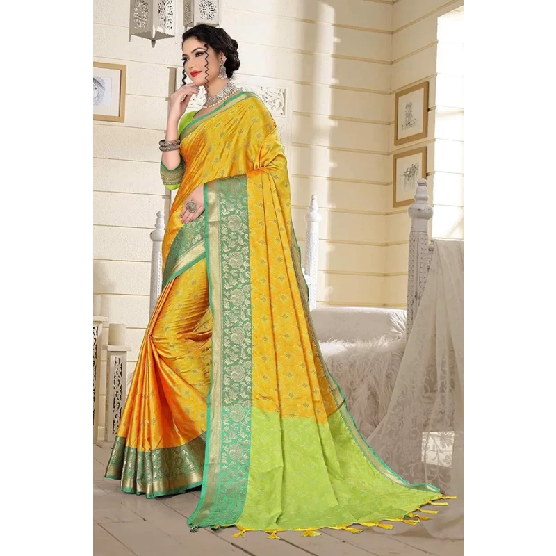 Buy Green and Yellow Art Silk Embroidered Contemporary Saree Online :  Canada - Saree