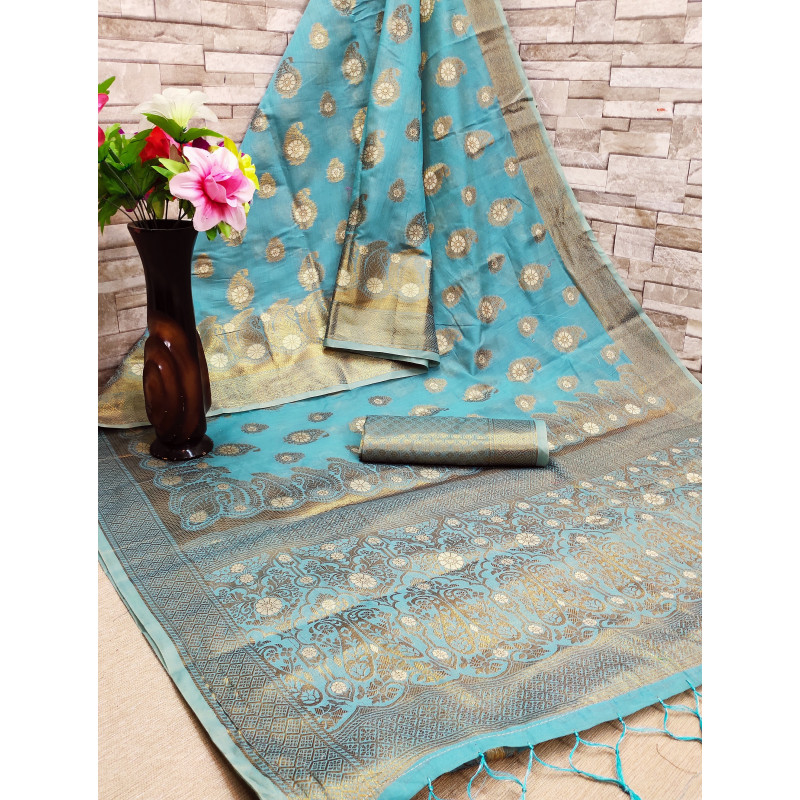 Mizzific Women's Kalamkari Cotton Chanderi Saree With Blouse -Ramar Blue