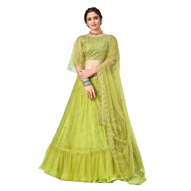 Neon Green Lehenga With Sequins, Zari & Thread Work | Green lehenga,  Designer lehenga choli, Indian bridesmaid dresses