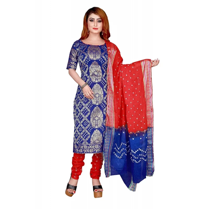 MIZZIFIC Women's Satin Bandhani Printed Cotton Top Semi-Stitched Salwar Suit  Dupatta Dress Materials - Blue