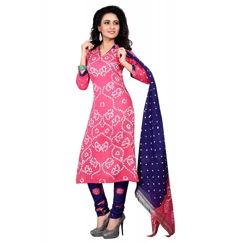 White and Pink Tie and Dye Bandhani Silk Cotton Dress Material