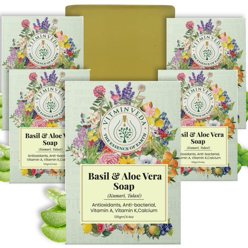 VITMINVEDA Natural Aloe Vera Basil Herbal Soap Bar 125g Pack of 5