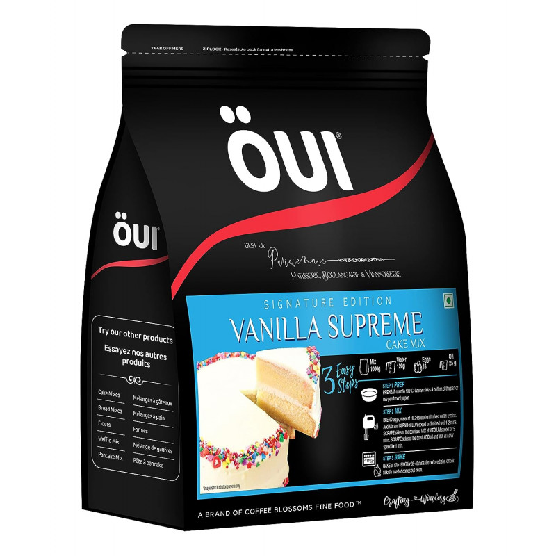 OUI Signature Edition Vanilla Supreme Cake Mix I Egg-based recipe I Instant Cake  Mix Powder |3 Step - Prep,Mix & Bake| Rich taste Moist Vanilla Cake  |Traditional French recipe|Resealable Zip Pouch -