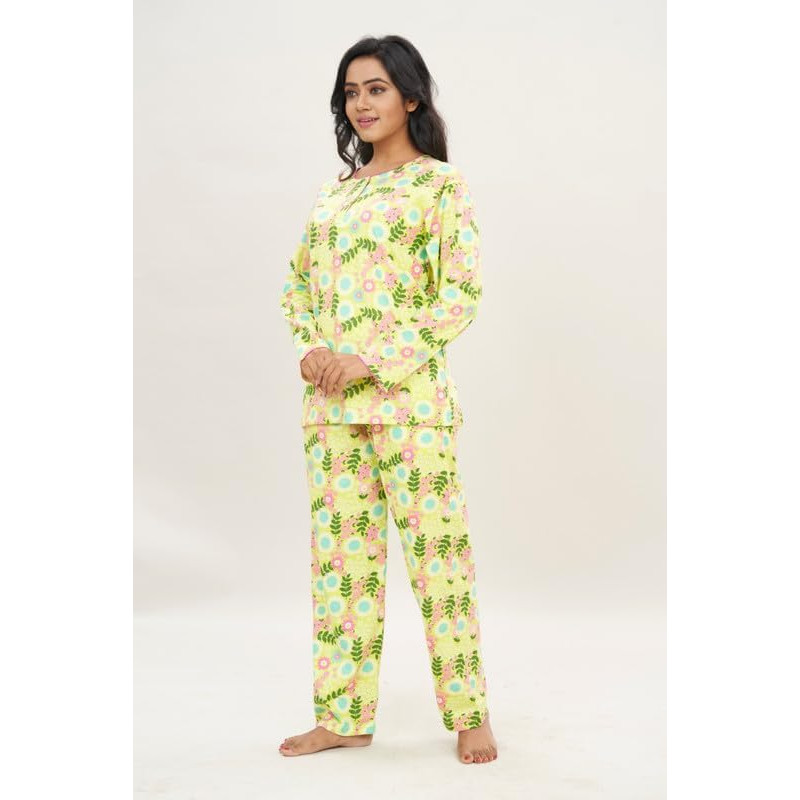 Green Colour Floral Printed Night Suit
