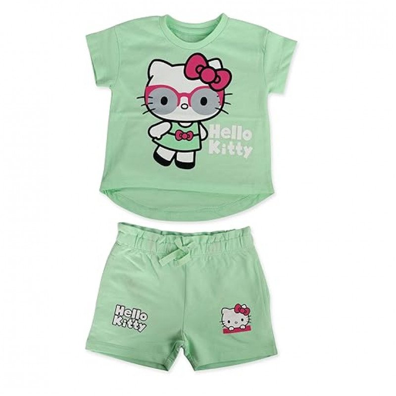 Girls White & Green Printed T-Shirt with Short Pants