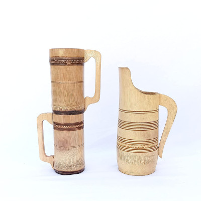 Goodselite 100% Bamboo Jug With Lid (1 Jug ,2 Design Mug) - Combo Of 3