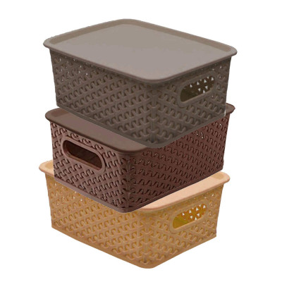 Plastic 3 Pieces Small Size Multipurpose Solitaire Storage Basket With Lid (multi)(size:25x19x10.5cm)