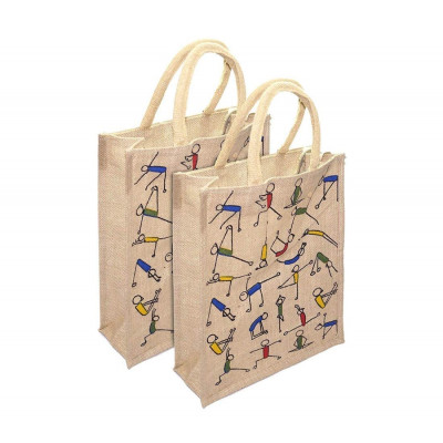 Natural Yoga Print Jute (burlap) Tote Bags Reusable Jute Bags - 12x14 (2pc Set)