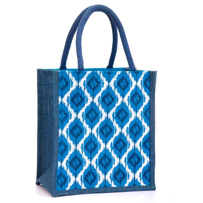 Jute Bag For Lunch, Bags For Men, Bags For Girls, Jute Handbags For Girls â Zip, Bottle Holder â Ikat Print (blue) - Pack Of 1