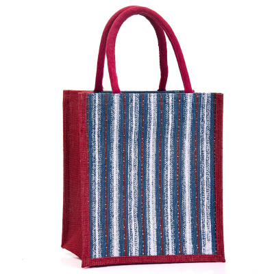Jute Lunch Bags For Office, Printed Jute Bag, Designer Jute Bag â Zip, Bottle Holder â Denim Strip (navy Blue) - Pack Of 1