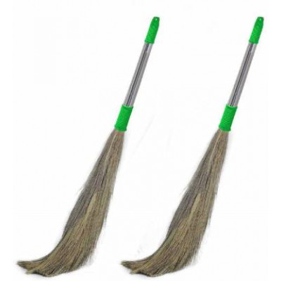 Vadivu Soft Grass Broom For Clean Floor | Green & Steel - Pack Of 2