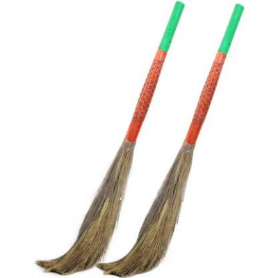 Vadivu Soft Grass Broom For Clean Floor | Orange & Green - Pack Of 2