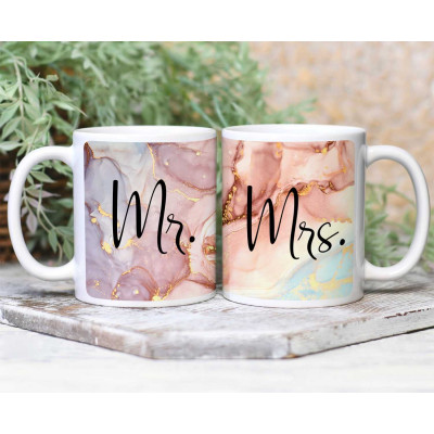"mr And Mrs" Printed Ceramic Tea/coffee Mug//hand Grip Elegant Printed Mr And Mrs Couples Ceramic Coffee Mug Set - 2pcs