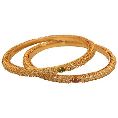 Gold Plated Copper & Abalone Bangles For Women With Imitation Ruby & Emerald Stones