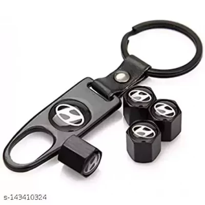 Careflection Premium Car Tyre Valve Cap Air Cap Car Tyre Valve Stem Cap Air Covers With Keychain (black For Hyundai)