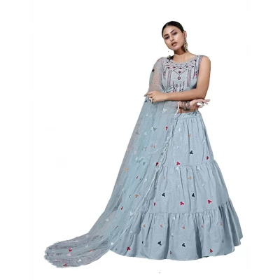 Mizzific Women's Cotton Embroidered Semi-stitched Lehenga Choli With Dupatta -wedding-girlish-latest-lehenga Free Size- Blue