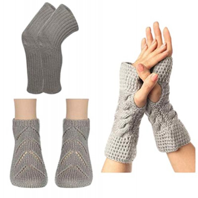 Kcsocks Handmade Woolen Knee Socks Unisex With Cable & Stripes Design Woolen Gloves (fingerless) Mitts & Handmade Woolen Flower Design Socks 100% Natural Pure Wool Warm Winter Wear - Combo
