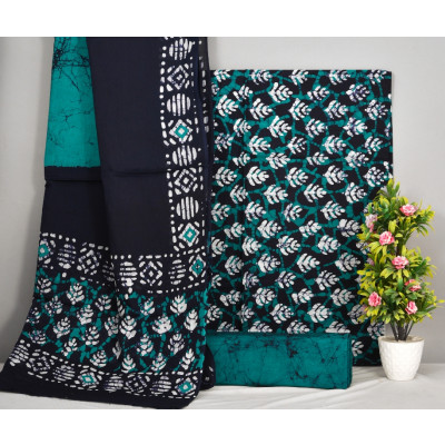 Nishire Women's Cotton Battik Print Hand Dyed Ethnic Daily Festival Office Suits Set Dress Material - Green Blue Multi