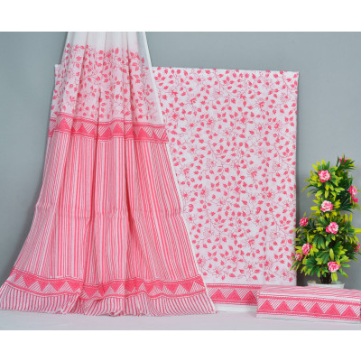 Nishire Women's Cotton Jaipuri Hand Block Print Style Unstitched Suit Material With Cotton Mulmul Dupatta - Baby Pink & White