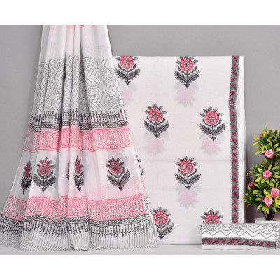 Nishire Trendy Women's Cotton Jaipuri Hand Block Print Style Unstitched Suit Material With Cotton Mulmul Dupatta - White