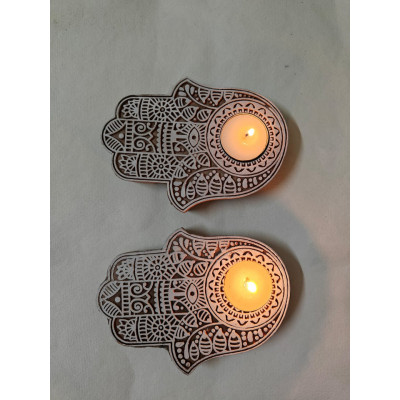 Onearth Hamsa Hand Tea Light Holder | Made Up Of Jamun Wood | Stylish & Elegant - Set Of 2