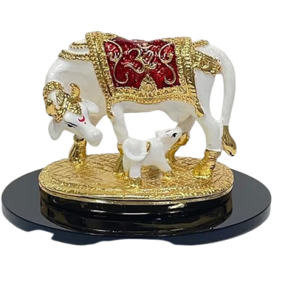 Shree Kreations Gold Plated Kamdhenu Cow With Calf Idol | Acrylic Kamadhenu Figurine | Spiritual Home Decor
