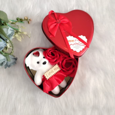 Red Heart-shaped Box With A Teddy Bear And Roses | Valentine's Day Teddy Bear Gift | Ideal Gift For Couples