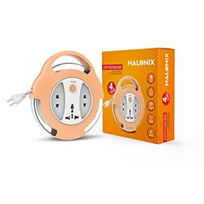 Halonix Crystalline Retractable Extension Cord With Universal Socket | Shock-proof Body | Led Indicator | 4-meter Durable Cord | Safe And Reliable Power Strip - Orange