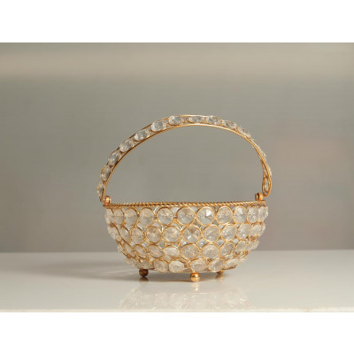 Crystal Basket Gift Item, Gold Coated Flower Basket | Pooja Accessories | Elegant Pooja Gift (dia 5 Inches)